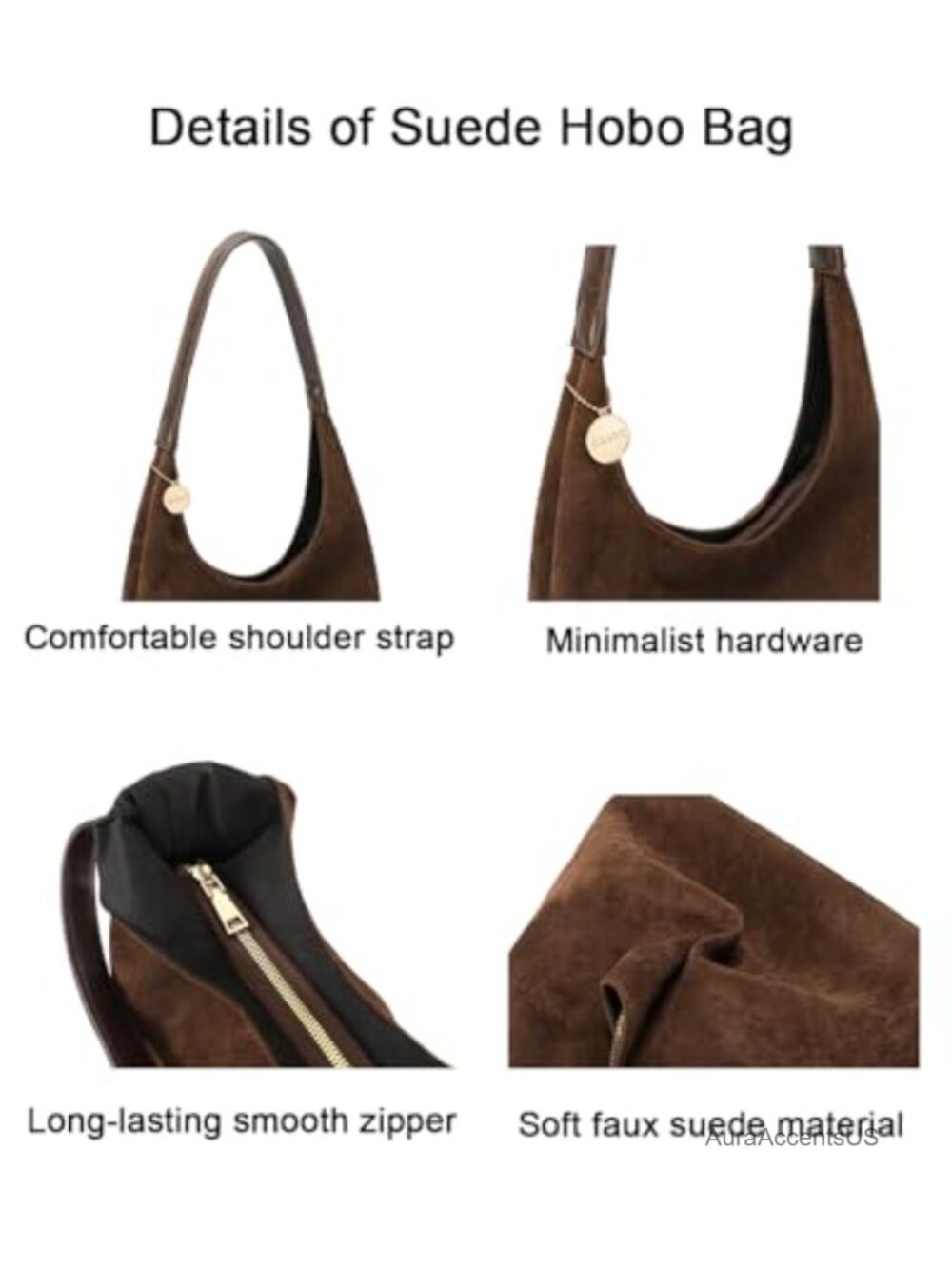 Faux Suede Slouchy Hobo Tote Bag, Large Brown Purse with Zipper - Picture 5 of 6